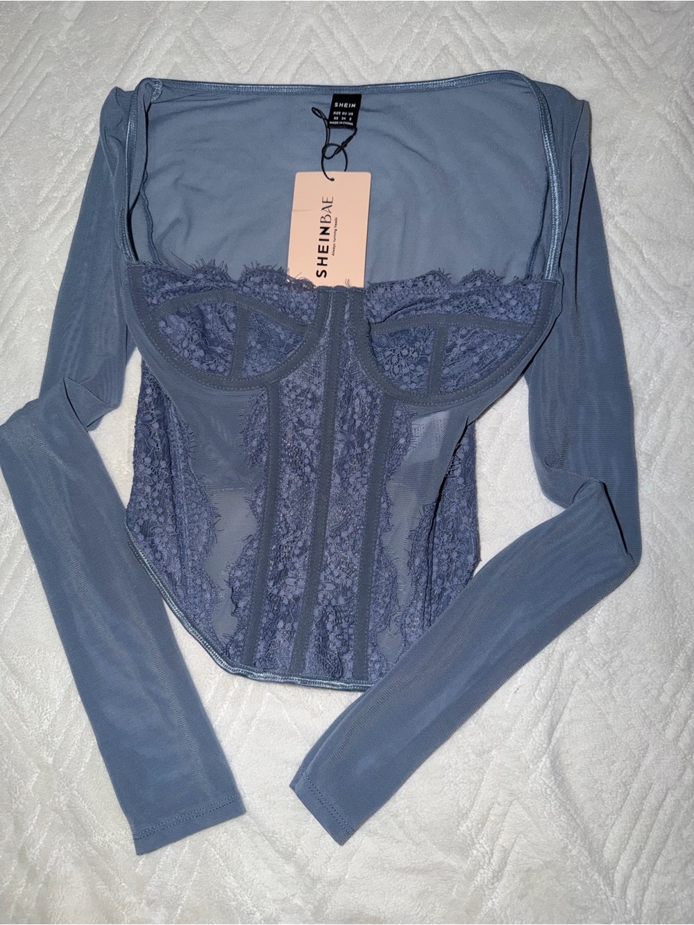 SHEIN Dusty Blue Lace Mesh Corset Top
